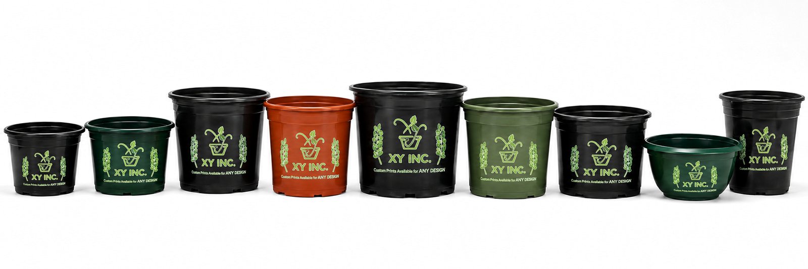 Nine XY nursery pots in black, dark green, terracotta and olive, each printed with the XY INC. logo in green ink